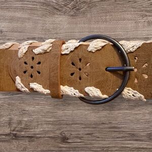 Boho Faux Suede Wide Belt – Floral Cutout + Crochet Lacing (Size 12P)